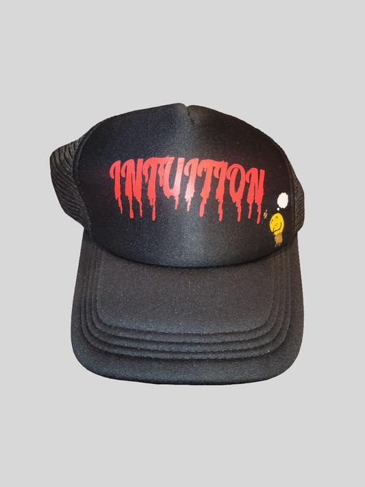 BLACK Trucker with red drip letters