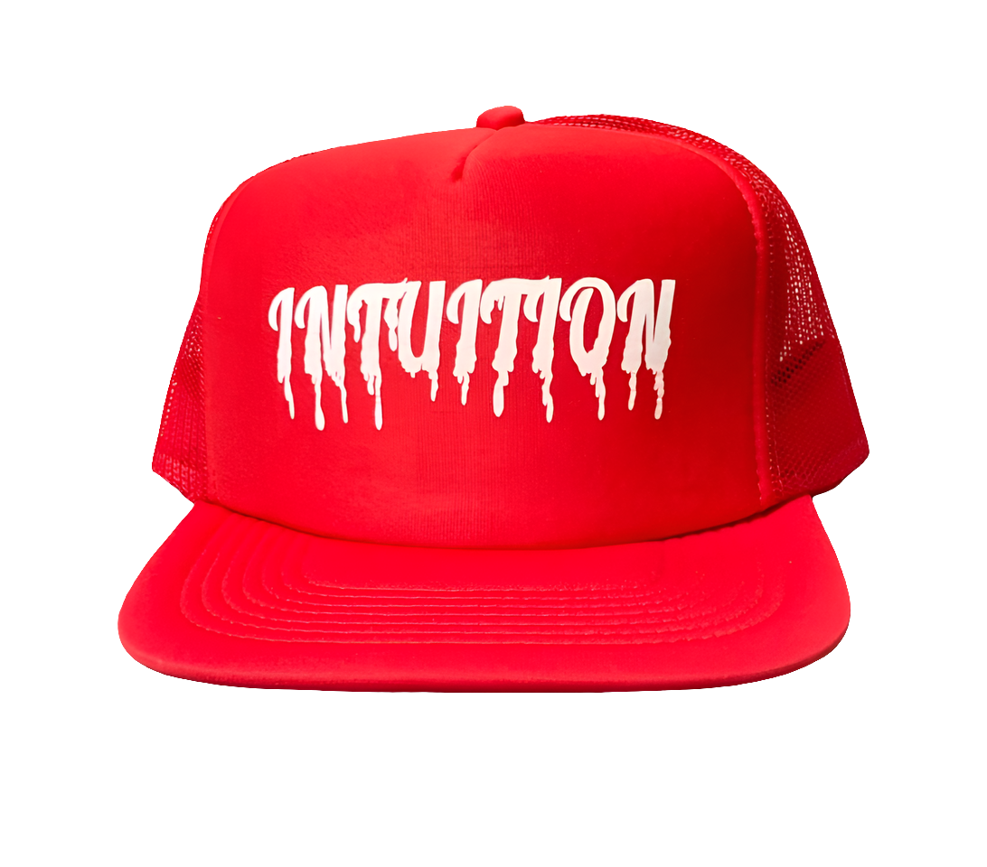 Red Trucker with white drip letters