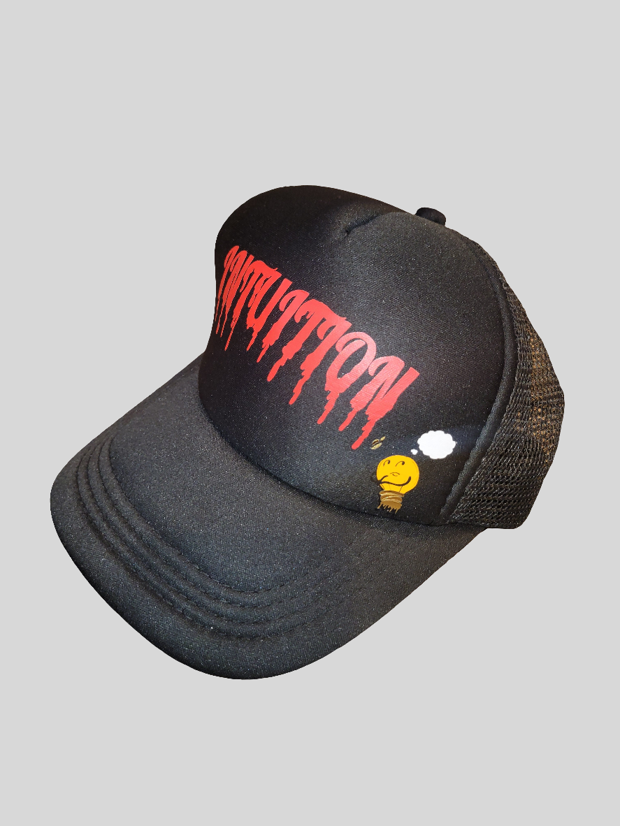 BLACK Trucker with red drip letters