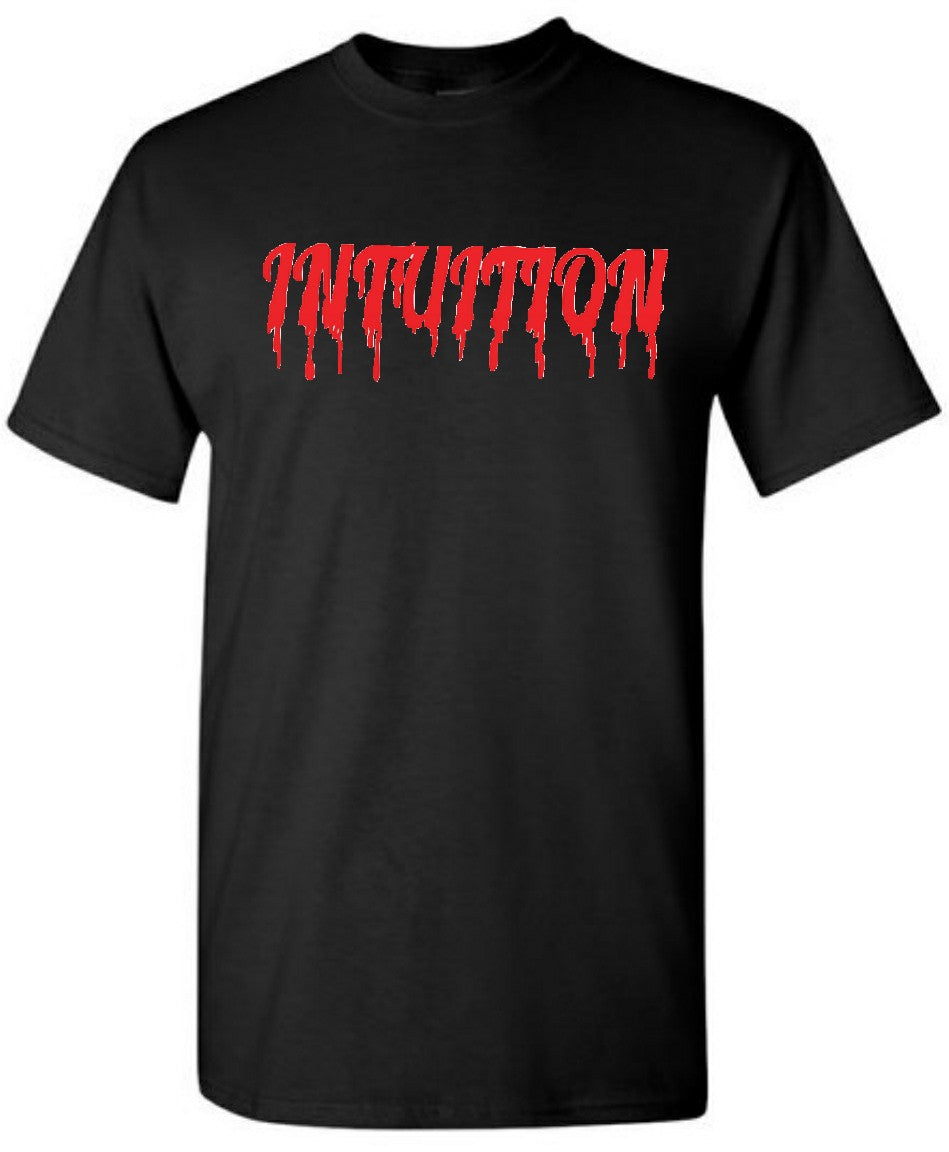 Black crew neck T shirt with red drip